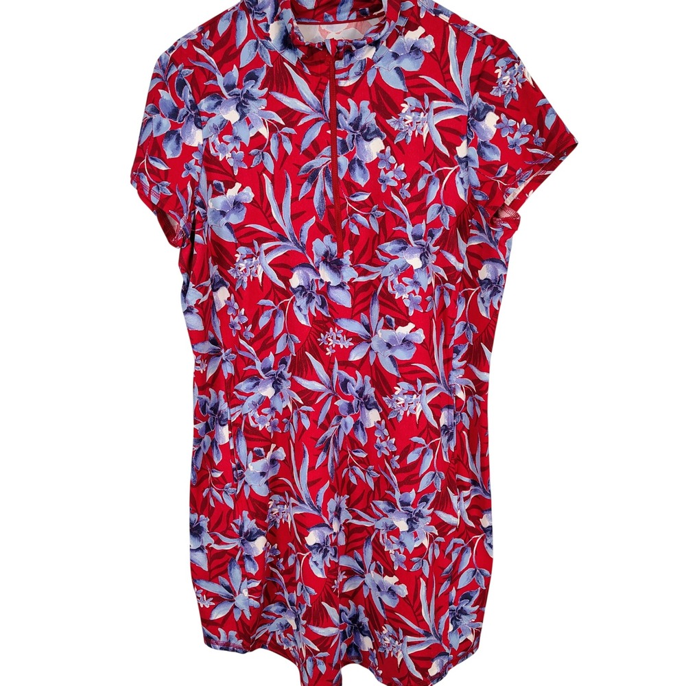 Tommy Bahama Womens L IslandZone Quarter Zip Dress Red Floral Tropical Pockets